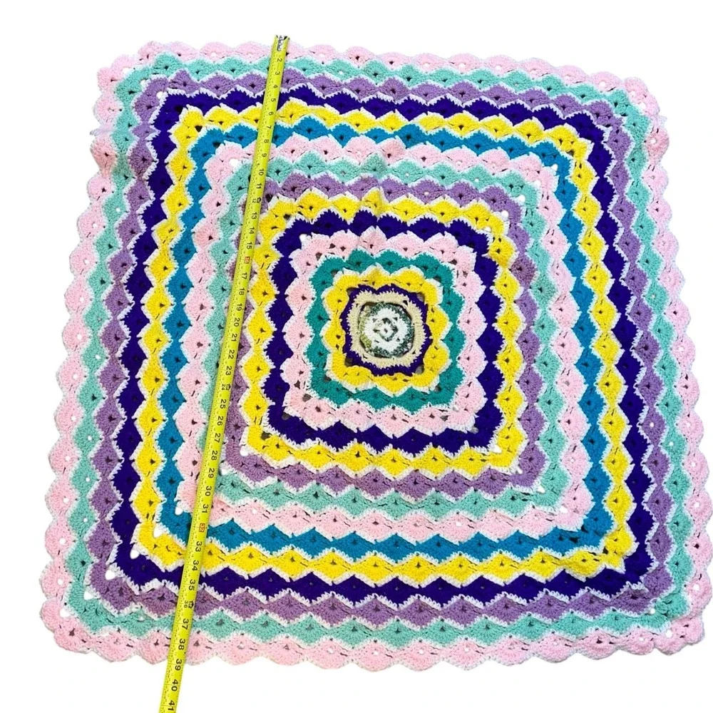Handmade Crochet Granny Square Blanket Multi‎ Color Baby Girl Throw Retro 39x37
